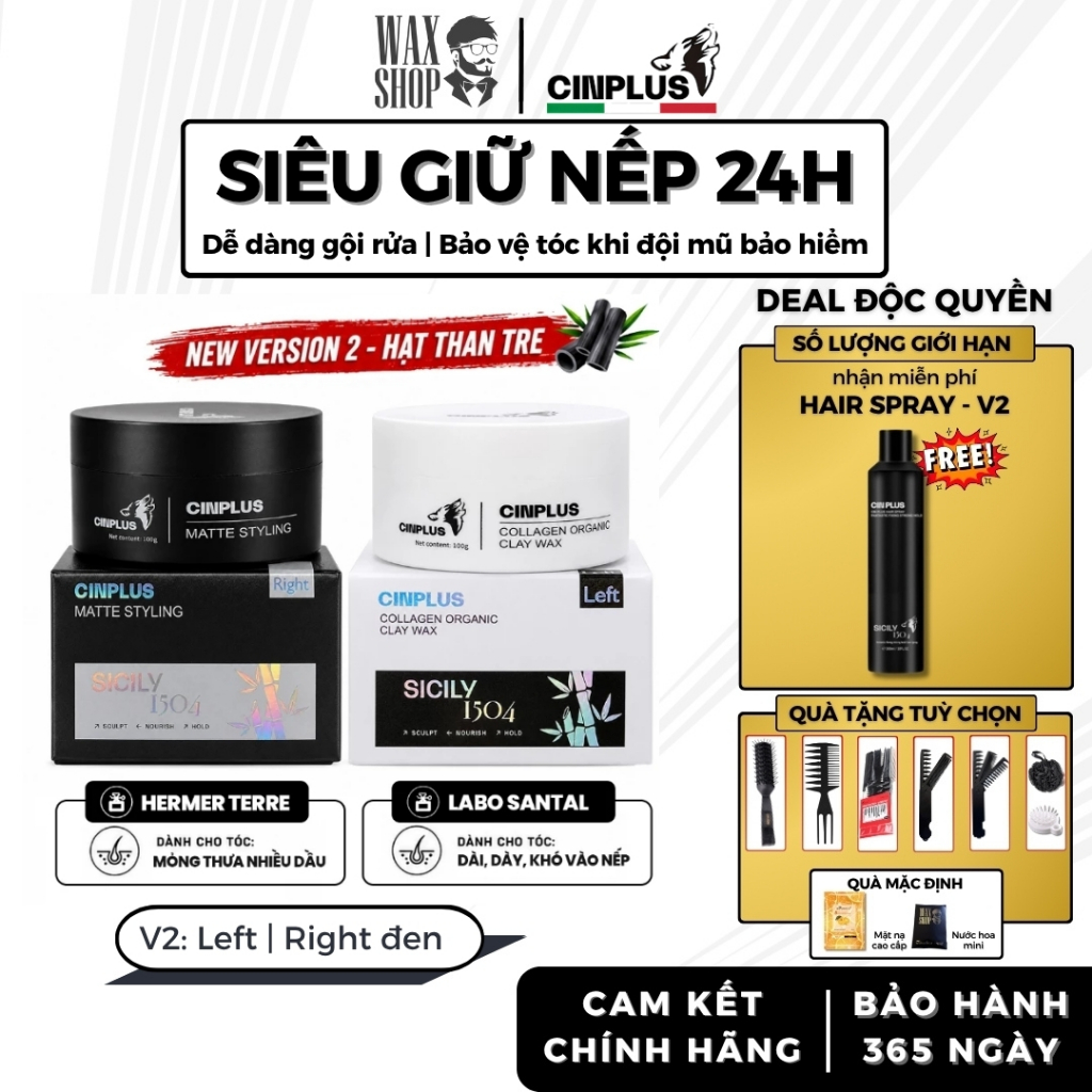 [DEAL ĐỘC QUYỀN] Sáp vuốt tóc nam CINPLUS Clay Wax 100gr Left Trắng , Right Đen giữ nếp tóc- Cinplus