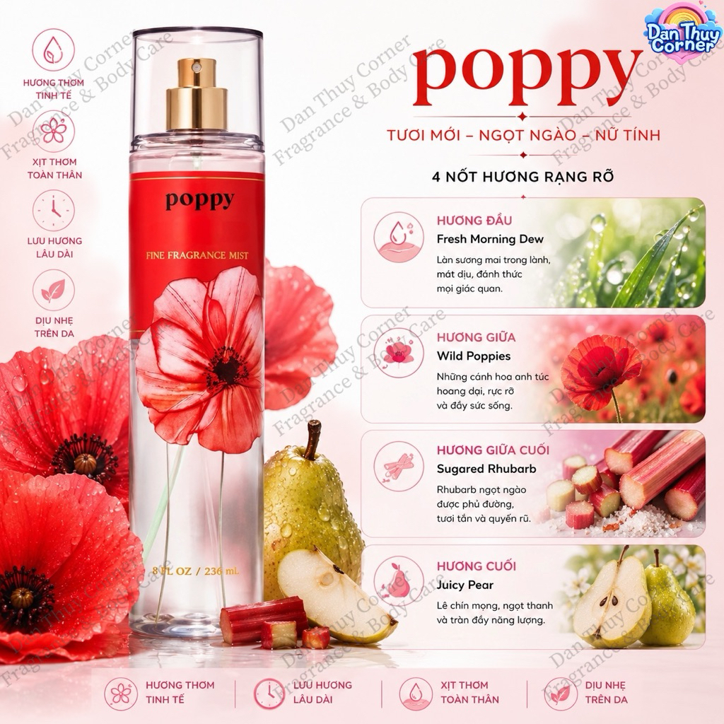 Poppy – Xịt thơm toàn thân Bath & Body Works 236ml hương hoa anh túc, lê, đại hoàng & sương mai