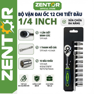 Bộ tuýp khẩu ZENTOR 12 chi tiết 1/4 inch Bộ đầu khẩu mở siết bu lông sữa chữa đa năng đồ nghề cơ khí