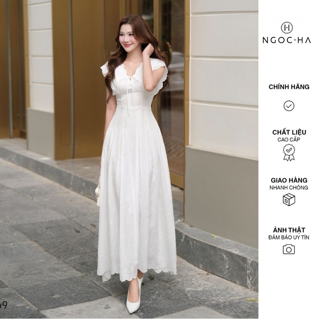 Đầm Dáng A Nữ NGOC HA DESIGN Olivia Dress Váy Thô Thêu Choàng Vai Sang Chảnh Thiết Kế D1169