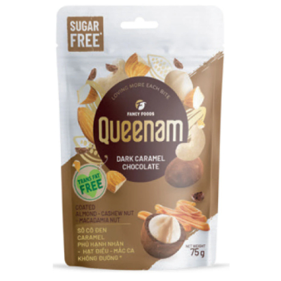 Socola đen hạnh nhân - hạt điều - mắc ca - caramel không đường Queenam - gói 75g