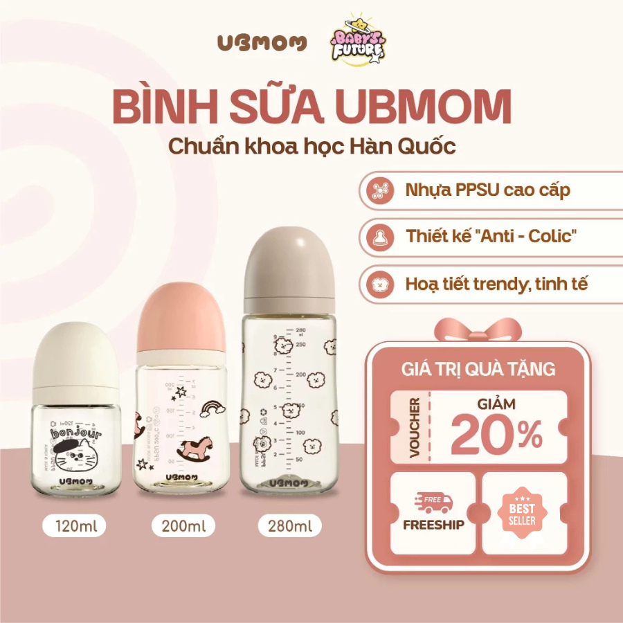 Bình Sữa UBMOM Hàn Quốc PPSU 120ml/200ml/280ml  Chống Đầy Hơi, Chống Sặc, An Toàn Cho Bé