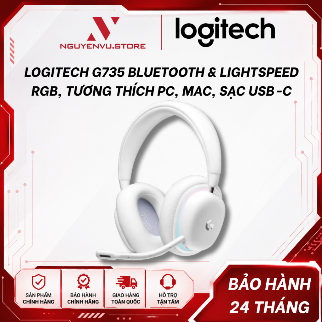 Tai nghe gaming không dây Logitech G735 Bluetooth & Lightspeed, RGB, tương thích PC, Mac, sạc USB-C 