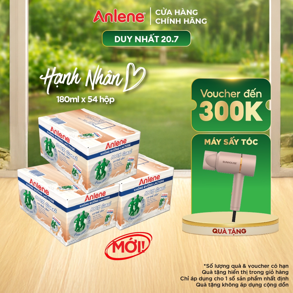 Combo 3 thùng 54 hộp sữa Anlene không đường Lactose vị hạnh nhân (18 x 180ml)