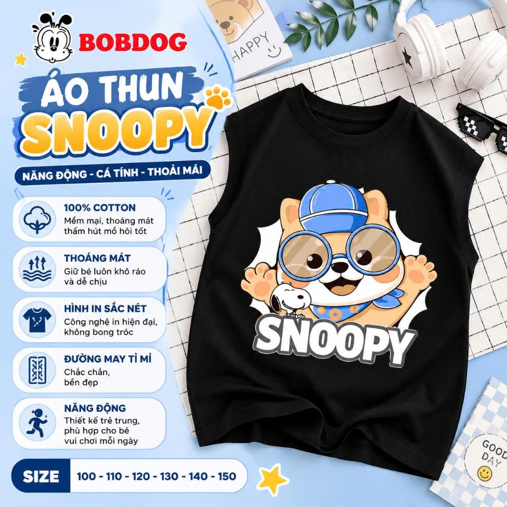 Áo ba lỗ bé trai BOBDOG,áo thun 3 lỗ bé trai in hình Snoopy cute dễ thương cho bé