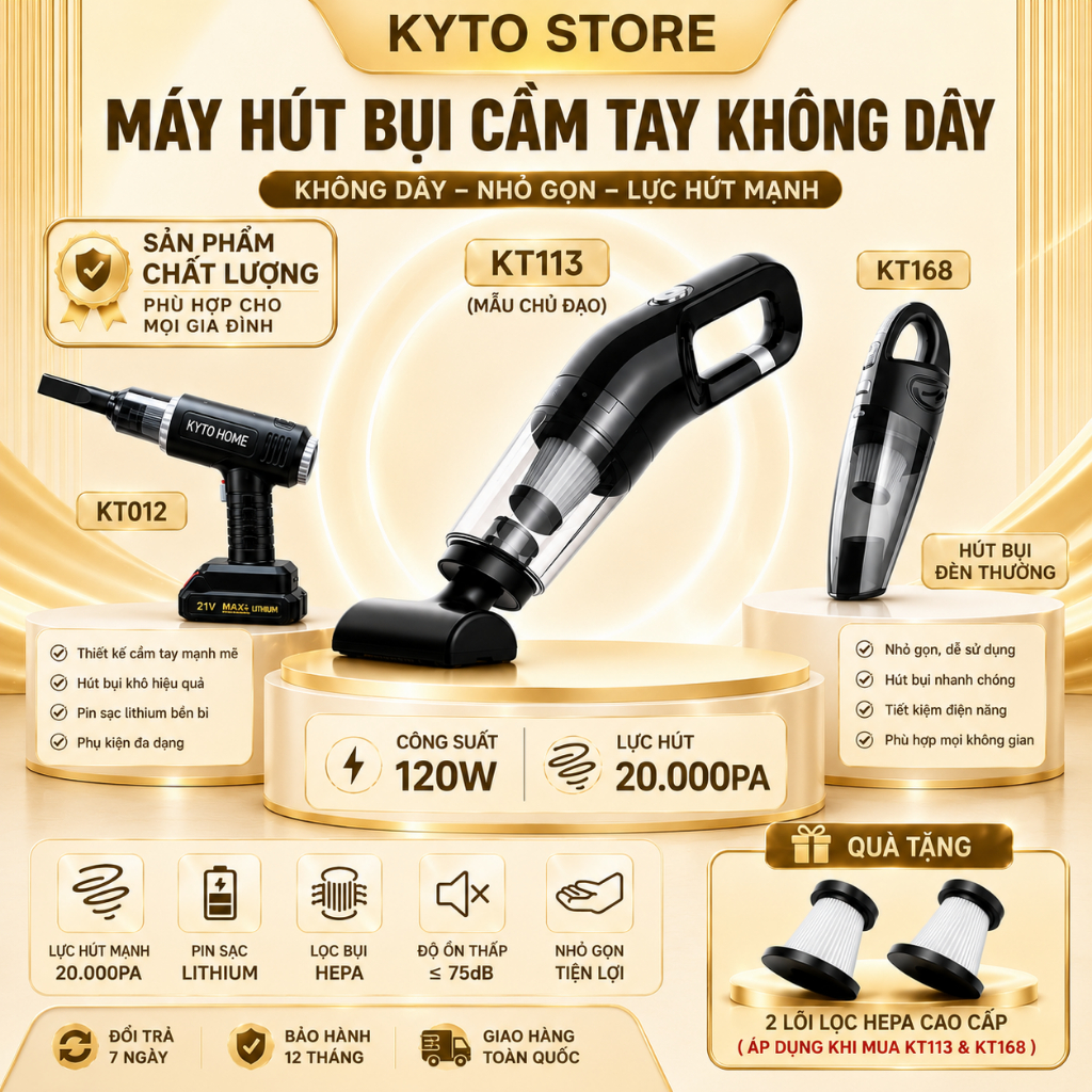 Máy Hút Bụi Cầm Tay KYTO - Hút Bụi Không Dây Hút Bụi Sàn Nhà, Ô tô, Giường Dệm Lực Hút 20000pa