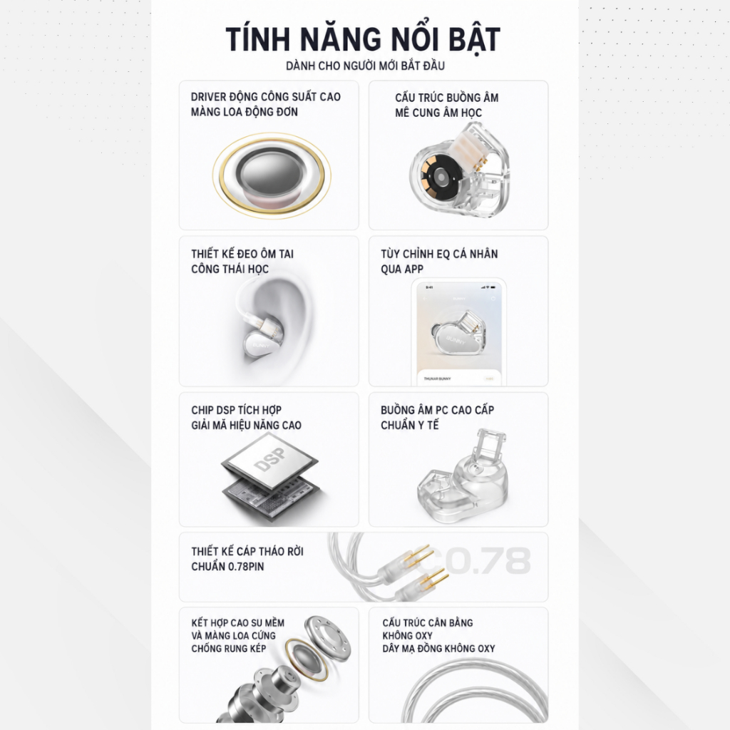 Tai Nghe IEM TANCHJIM BUNNY DSP Type-C | Jack 3.5mm | Có Mic | DAC Hi-Res | Chơi Game, Nghe Nhạc | BigBuy360 - bigbuy360.vn