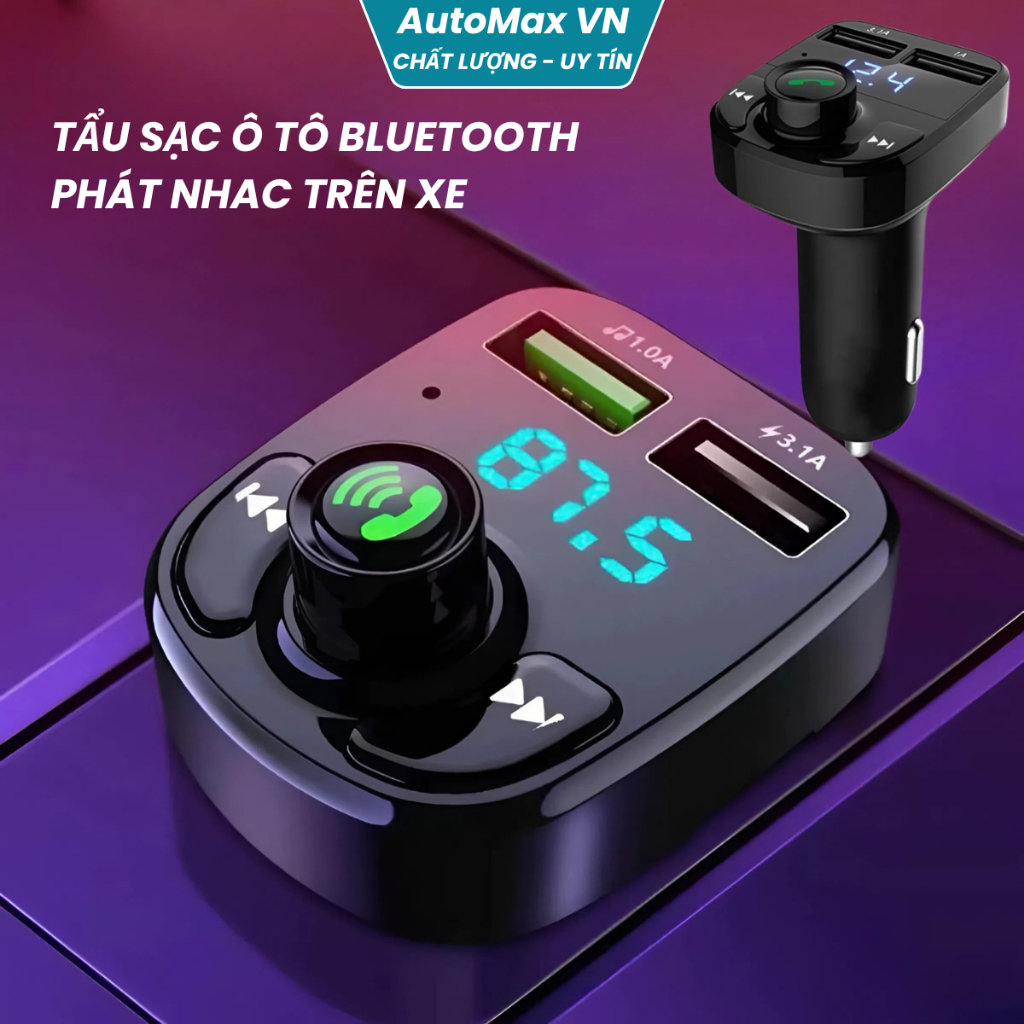 Tẩu Sạc Ô Tô Bluetooth Kiêm Bộ Phát Nhạc FM, Tẩu Sạc 2 Cổng USB, Gọi Rảnh Tay, Hỗ Trợ USB/TF
