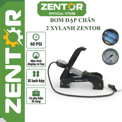 Bơm đạp chân xe đạp xe máy ZENTOR 2 ống xilanh bền đẹp, siêu khỏe