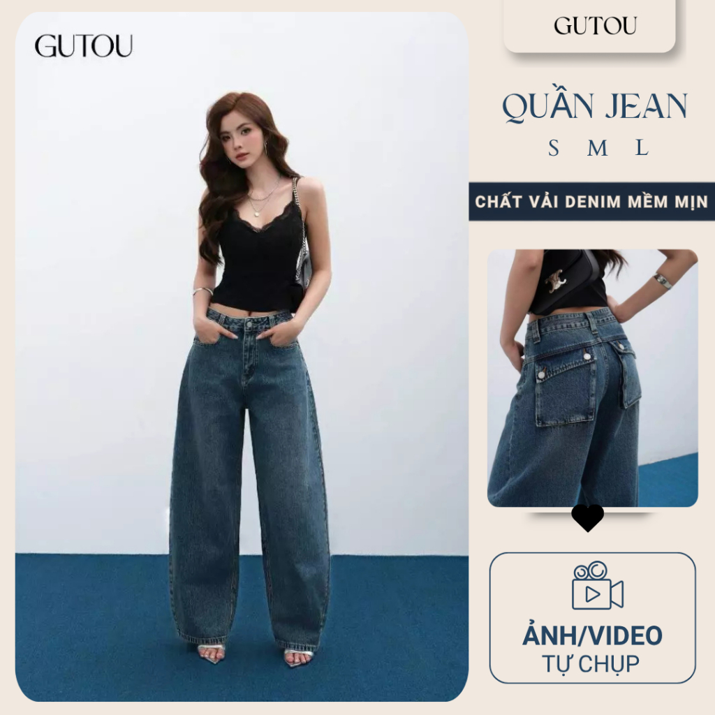 [GUTOU] Quần Baggy Nữ Túi Hộp Elya, Quần Jean Baggy Nữ Ống Rộng Cạp Cao Cá Tính Hot Trend G222