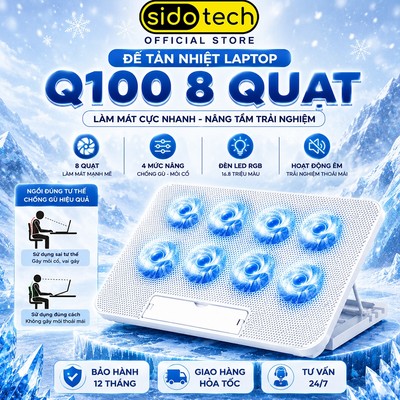 Đế tản nhiệt laptop gaming SIDOTECH Q100 PRO 8 quạt kệ kê giá đỡ laptop 6 quạt làm mát chống ồn 4 nấc chỉnh độ cao led