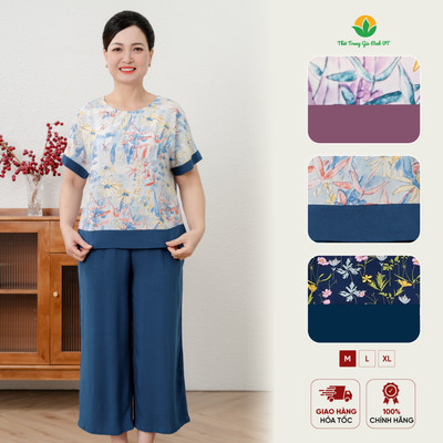 Đồ bộ lanh trung niên thời trang Việt Thắng, quần lửng, áo cộc tay họa tiết trang nhã B08.6069