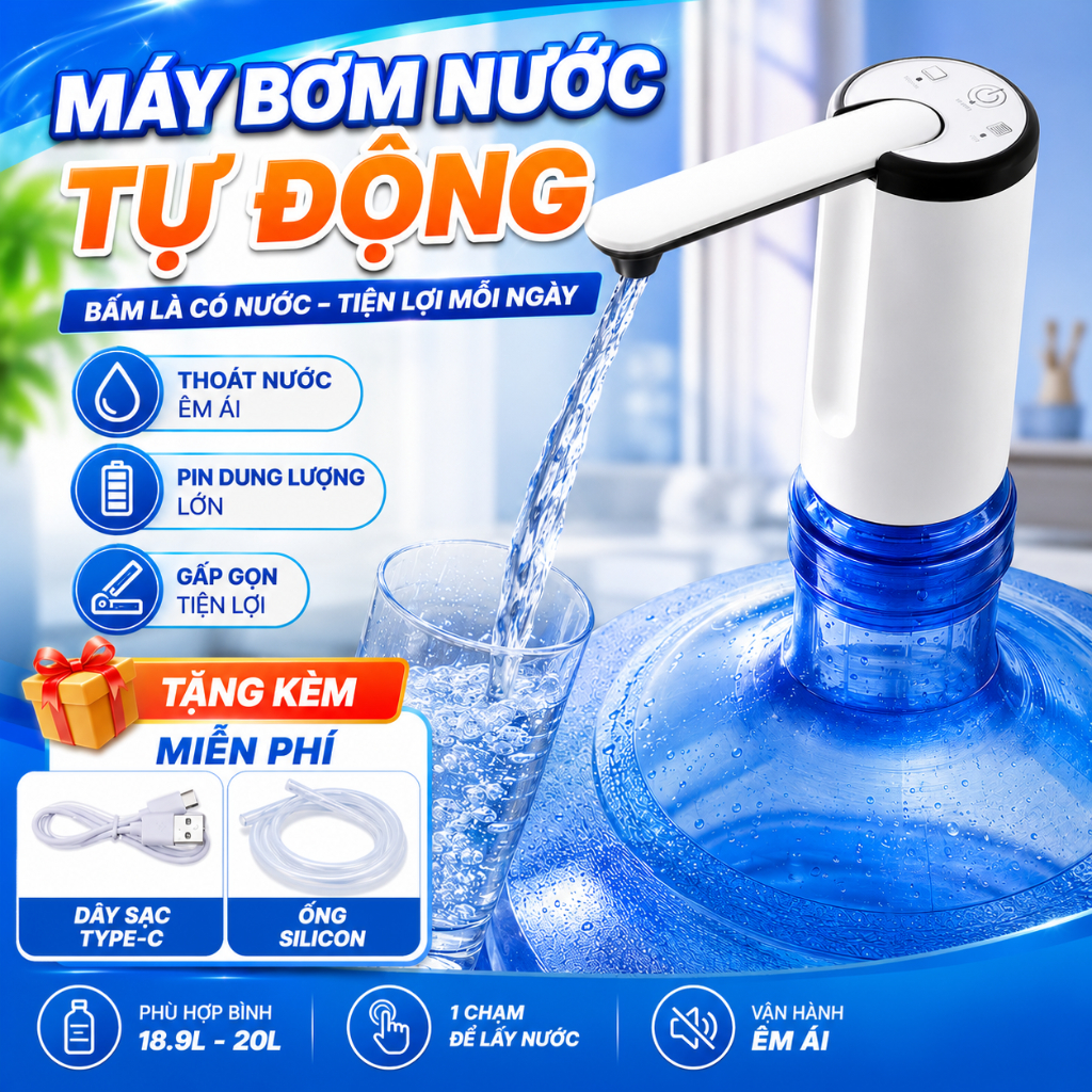 Máy bơm nước tự động cho bình nước, vòi lấy nước tiện lợi, thiết kế gọn nhẹ dùng cho gia đình, văn phòng