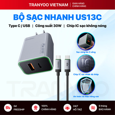 Bộ Sạc Nhanh TRANYOO US13 Cổng Type C | USB Hỗ Trợ Sạc Nhanh PD 30W Sạc Nhanh và Mat Hơn với Chip IC