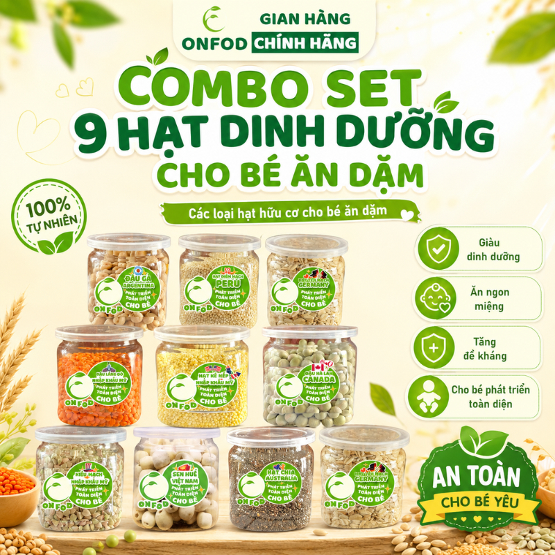 Combo set 9 hạt dinh dưỡng ONFOD cho bé ăn dặm yến mạch hạt chia đậu gà đậu hà lan đậu lăng đỏ hạt k