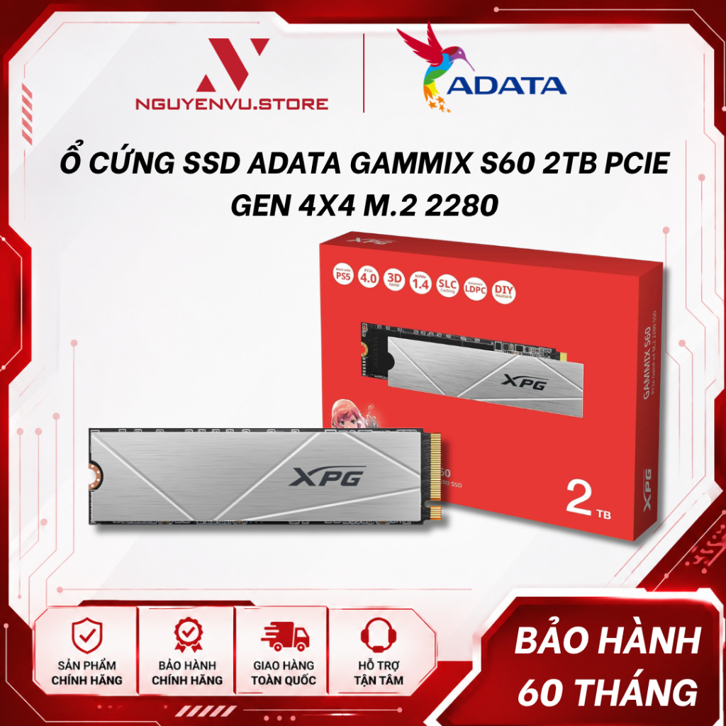 Ổ cứng SSD Adata Gammix S60 500GB/ 1TB PCIe Gen 4x4 M.2 2280 AGAMMIXS60-512G-CS - Hàng chính hãng