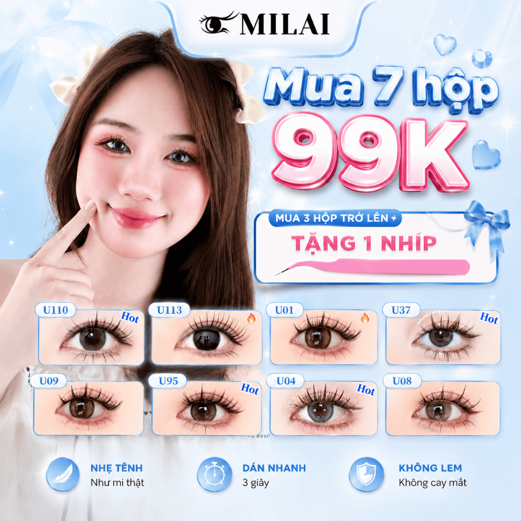 [99k/7 Hộp mi] Mi giả sẵn keo MILAI, mi tự dính, tặng kèm nhíp khi mua từ 3 hộp trở lên
