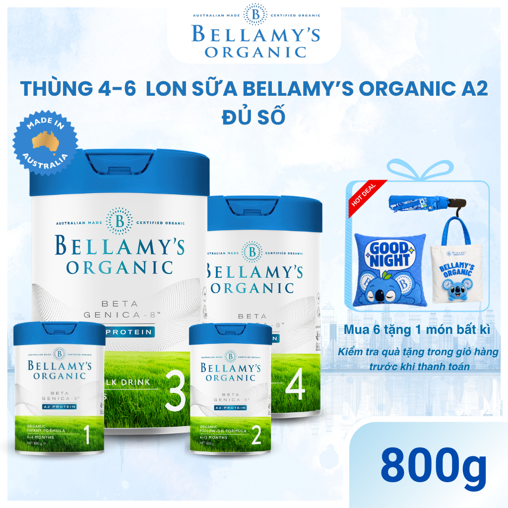 Thùng 4,6 lon sữa Bellamy's organic  A2 800g - Hỗ trợ tăng cân, Phát triển cho bé -BELLAMY'S ORGANIC