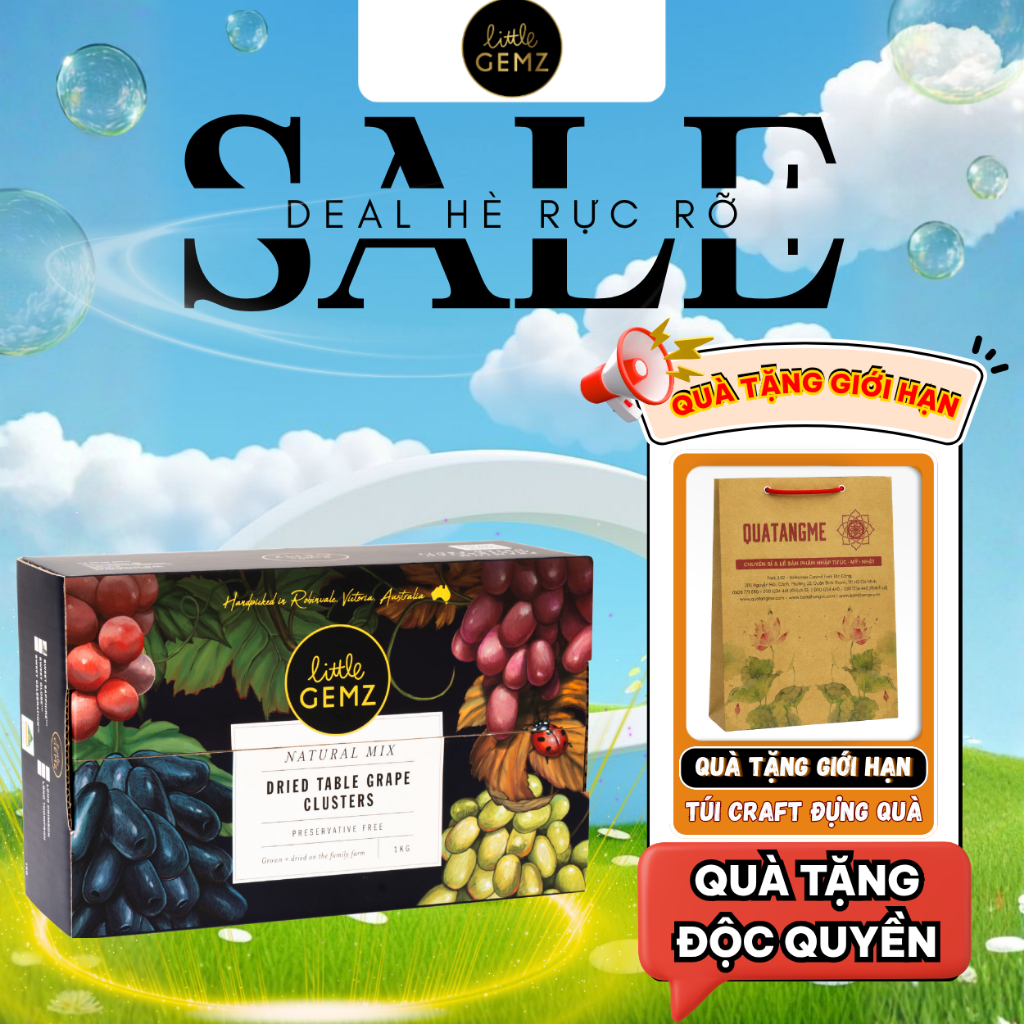 [NEW] Nho khô nguyên cành, giống nho xanh Little Gemz Sweet Globe Table Grapes (1KG) - Nhập khẩu Úc