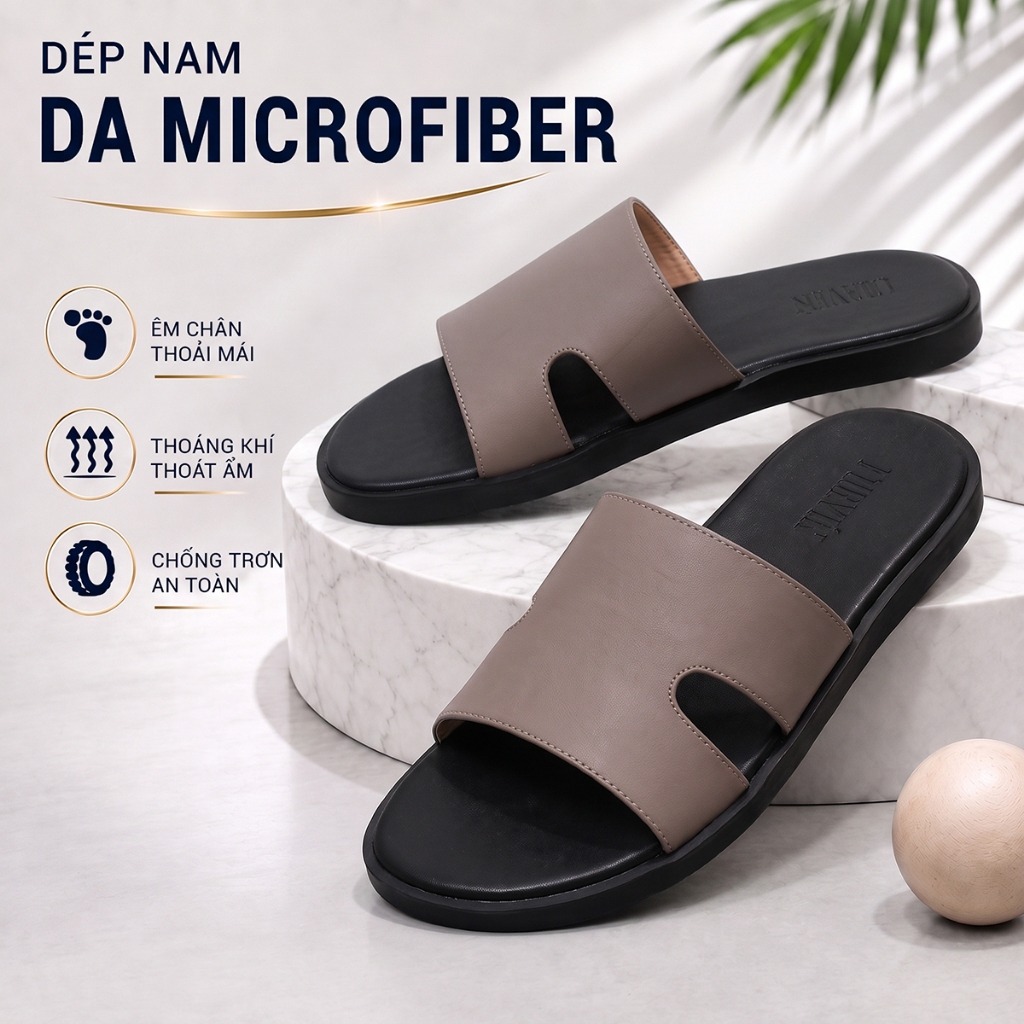 Dép da nam cao cấp CORVIN VERO quai ngang đơn, thoáng khí, đế cao su bền bỉ, chống trơn trượt, chống