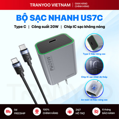 Bộ Sạc Nhanh TRANYOO US7 Cổng Type C Hỗ Trợ Sạc Nhanh PD 20W Sạc Thông Minh Không Nóng Điện Thoại