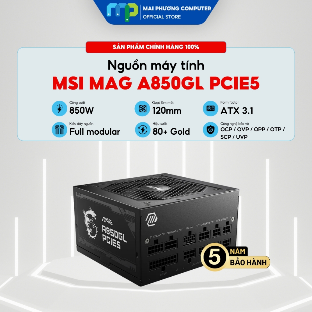 Nguồn máy tính MSI MAG A850GL - 80 Plus Gold - PCIE 5.1 - Full Modular - Bảo hành 60 tháng