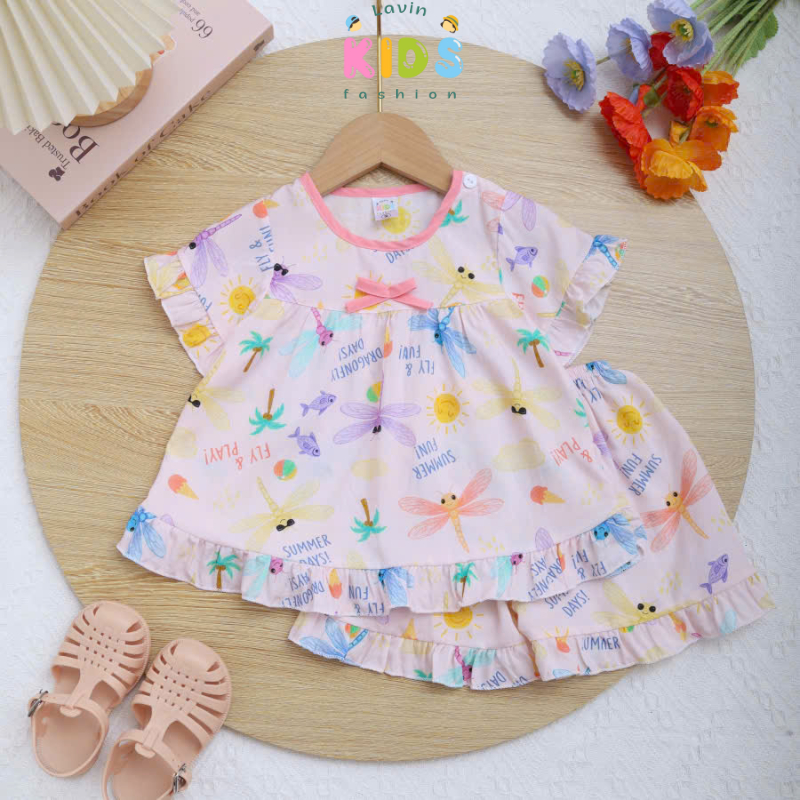 Bộ tole lanh đùi bèo phối viền cho bé gái size 6-18kg- Lavin Kids