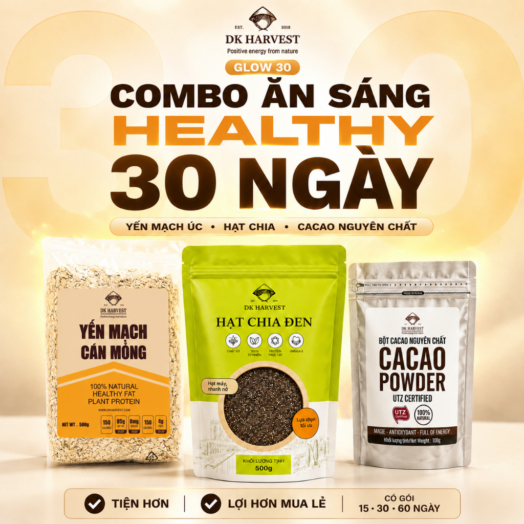 Combo Làm Yến Mạch Ngâm Qua Đêm: Yến Mạch Cán Mỏng + Hạt Chia + Bột Cacao, DK Harvest - Combo Glow, 
