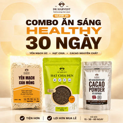Combo Làm Yến Mạch Ngâm Qua Đêm: Yến Mạch Cán Mỏng + Hạt Chia + Bột Cacao, DK Harvest - Combo Glow, Bữa Sáng Healthy