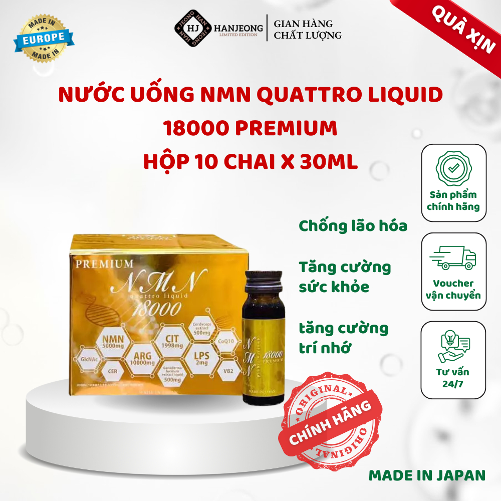 Nước Uống NMN Quattro Liquid 18000 Premium Nhật Bản Hộp 10 Chai x 30ml