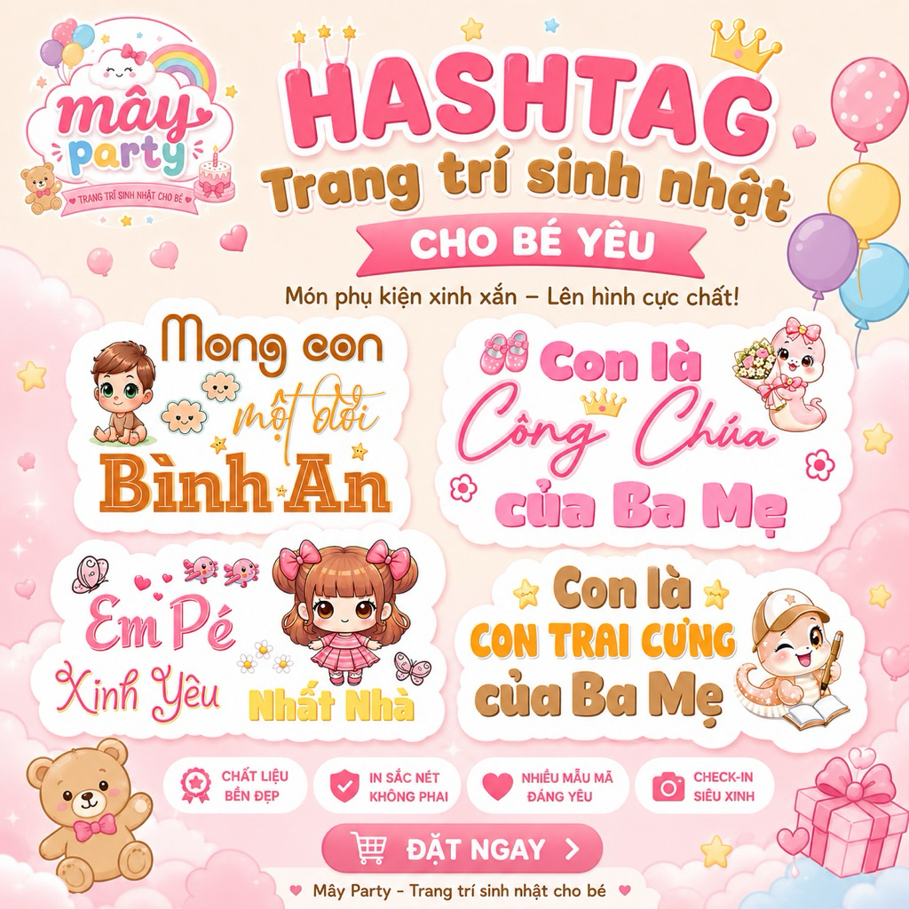 Combo 4 Hastag sinh nhật, bảng cầm tay chụp ảnh sinh nhật