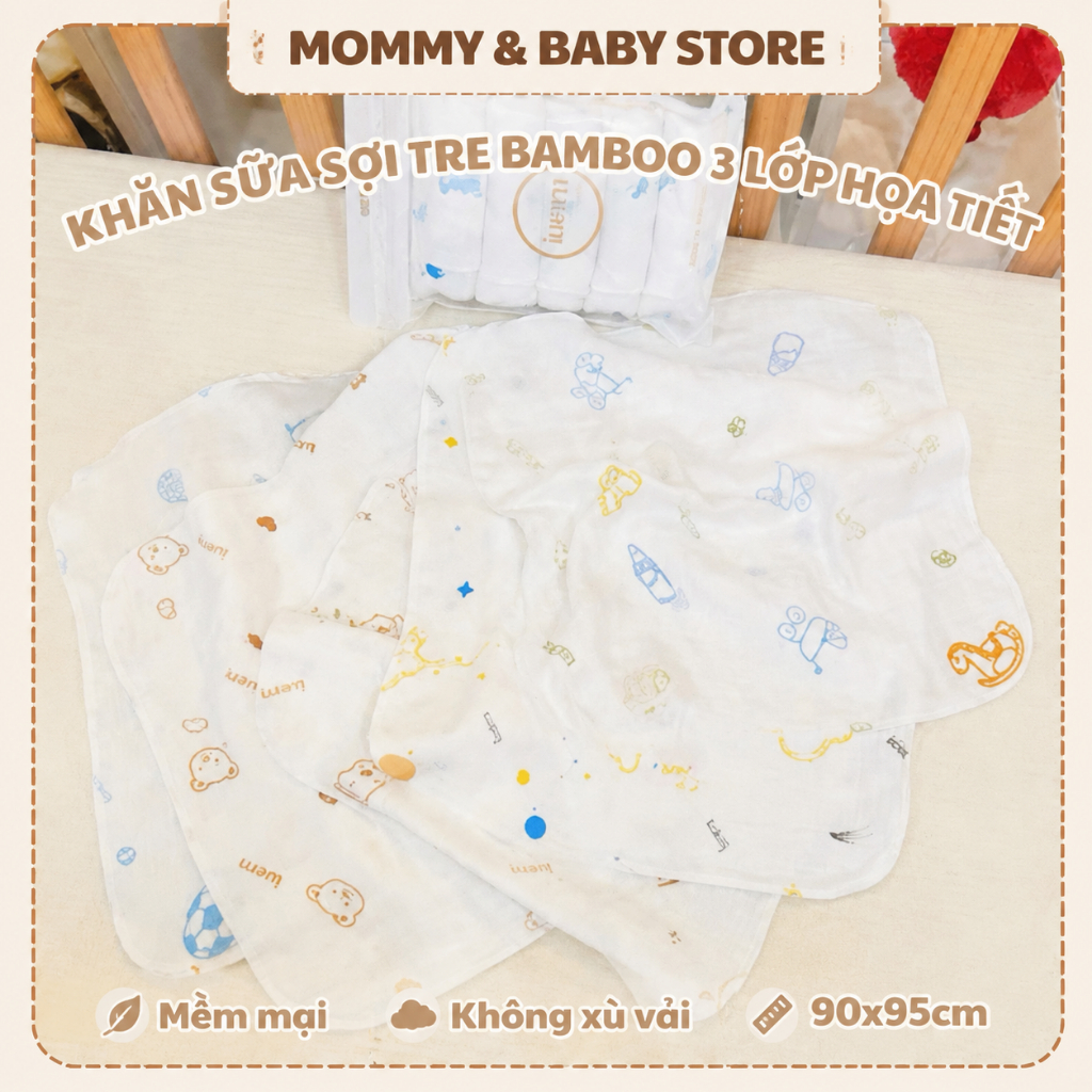 Set 5 Khăn Sữa Sợi Tre Bamboo 3 Lớp Họa Tiết Kín iuem Mềm Mịn, Thấm Hút Tốt Cho Bé KT 30*30cm