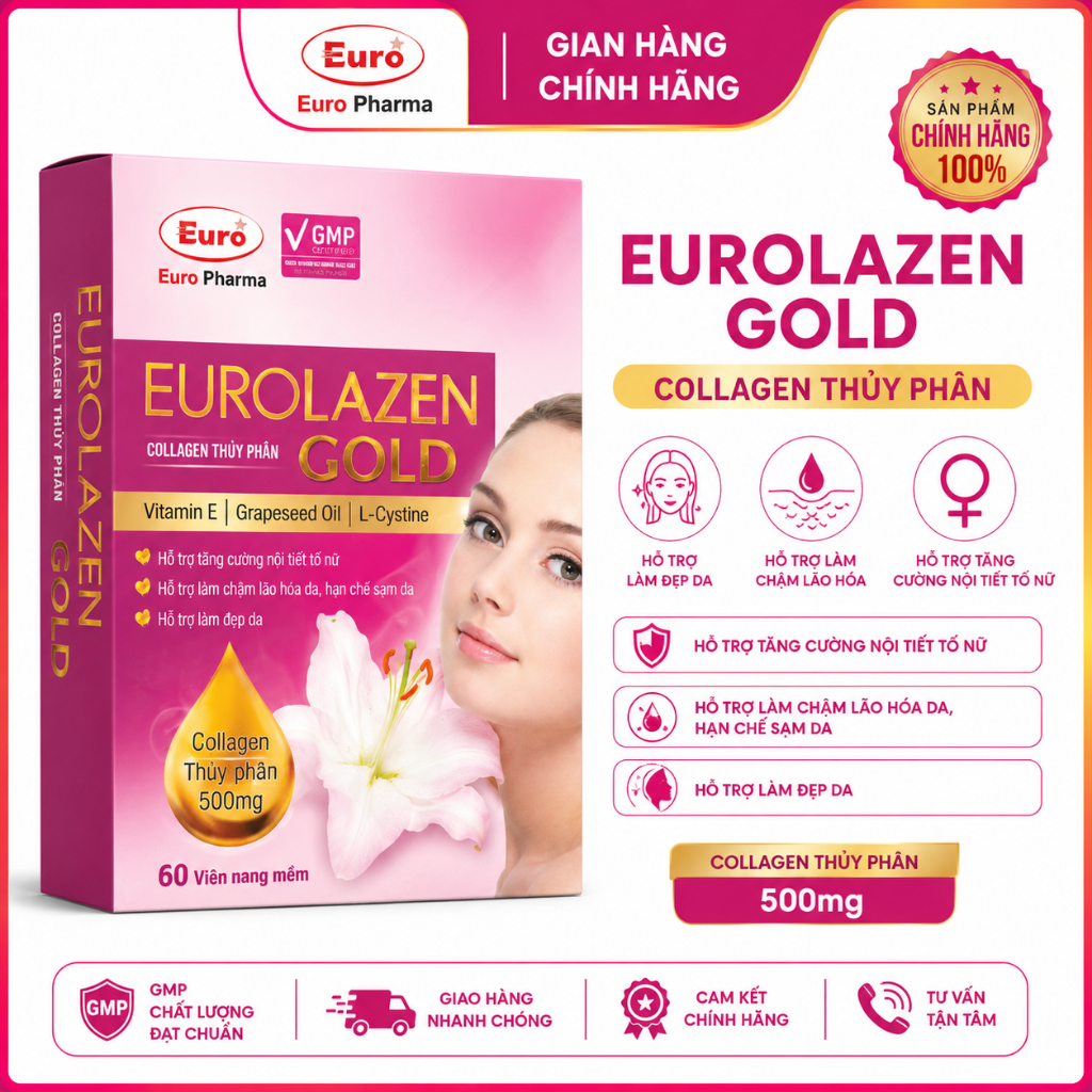 viên uống collagen thủy phân Euro lazen gold hộp 60v-giúp làm chậm quá trình lão hóa, nám da, sạm da