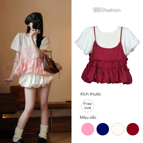 Áo kiểu nữ 12M fashion hai lớp layer hai dây chấm bi dáng bí xếp tầng phối áo thun trắng_12M fashion