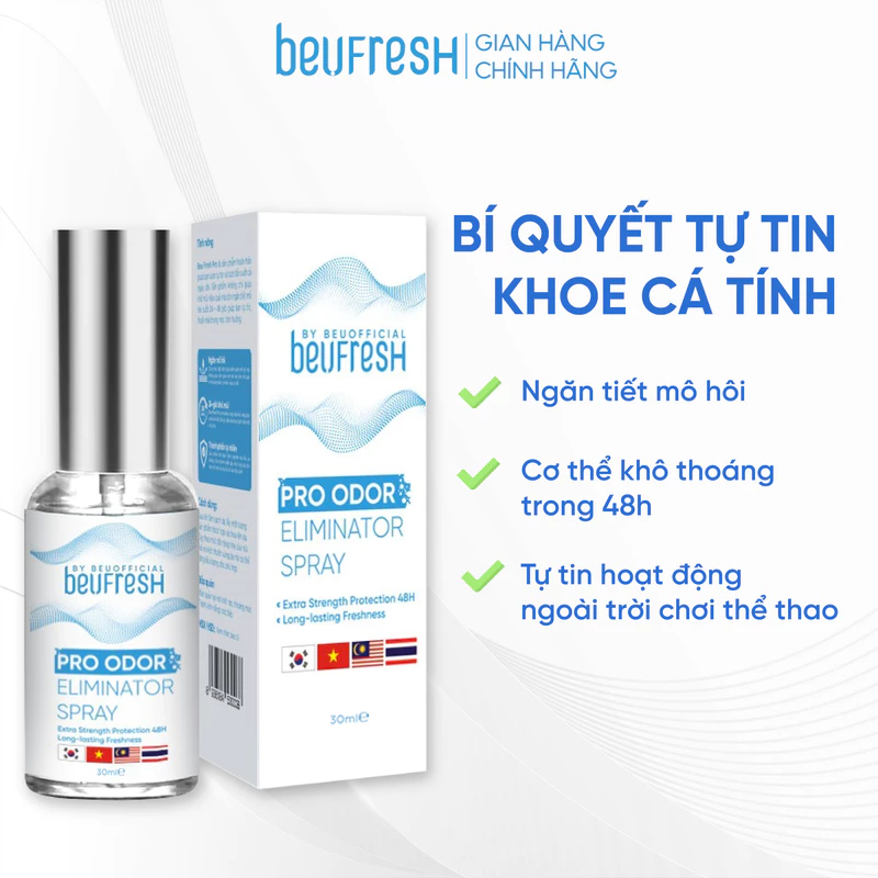 Xịt Khử Mùi Beufresh Pro Odor Eliminator Spray 30ml ngăn tiết mồ hôi, hạn chế mùi cơ thể 30ml