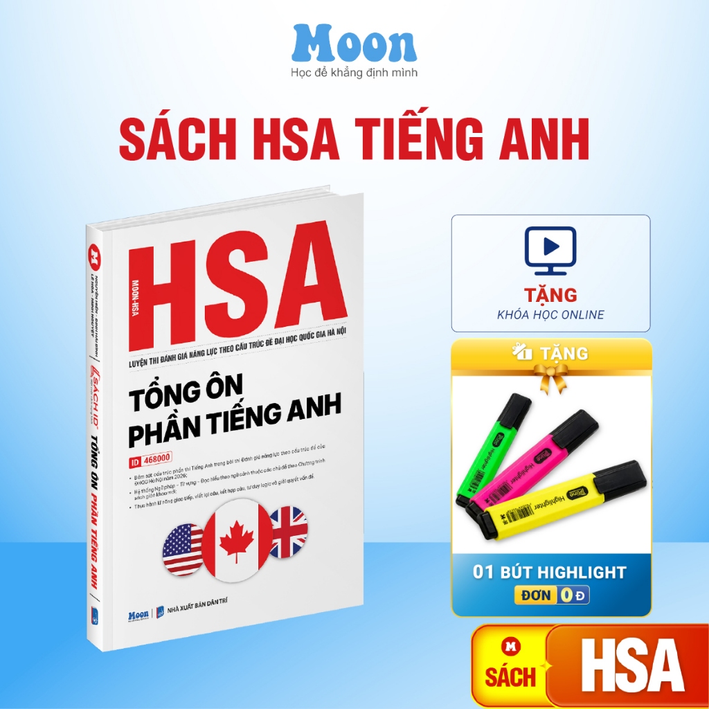 [ HSA 2025 ] - Tổng ôn phần tiếng anh, sách ôn thi đánh giá năng lực Hà Nội Moonbook