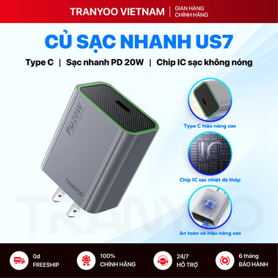 Củ Sạc Nhanh TRANYOO US7 Cổng Type C Hỗ Trợ Sạc Nhanh PD 20W Sạc Thông Minh Không Nóng Điện Thoại