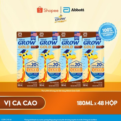 Thùng 48 hộp Sữa nước Abbott Grow Gold vị Cacao 180ml (Bao bì thay đổi tùy vào đợt nhập hàng)