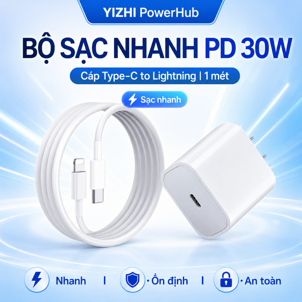 Bộ Sạc Nhanh PD 30W Kèm Cáp Type-C Lightning Hoặc C-C Cho iPhone 8-17 iPad…