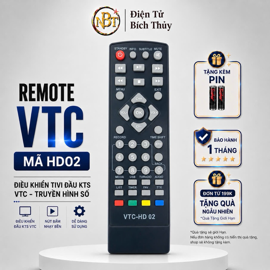 Remote điều khiển đầu KTS mặt đất VTC HD02,điều khiển tivi truyền hình vệ tinh VTC T205-ĐT Bích Thuỷ