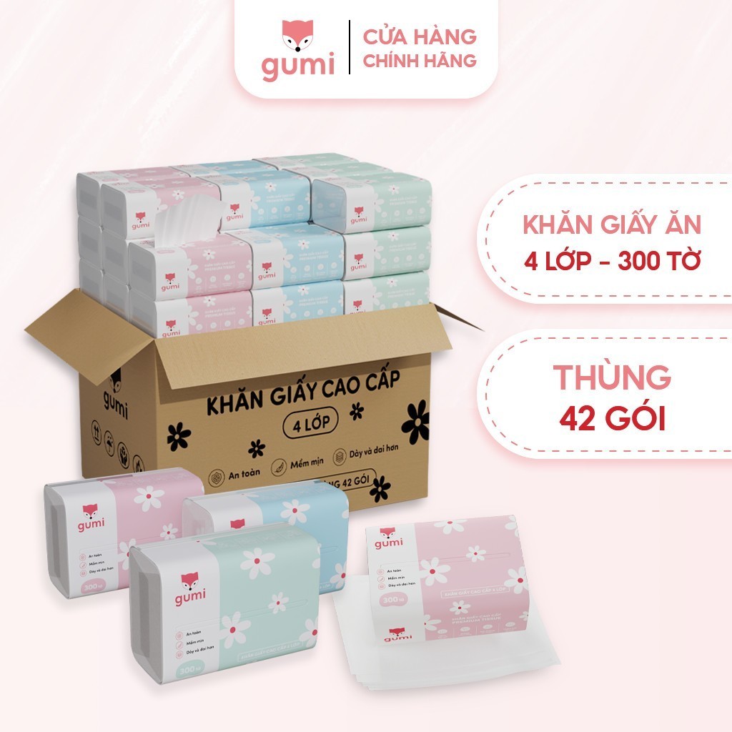 Thùng 42 gói giấy ăn cao cấp Gumi 3 lớp / 4 lớp mềm mịn, tiện lợi cho gia đình