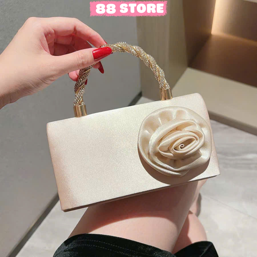 Túi xách xách nữ đi tiệc,dạ hội 88STORE gắn hoa chất liệu lụa satin A75