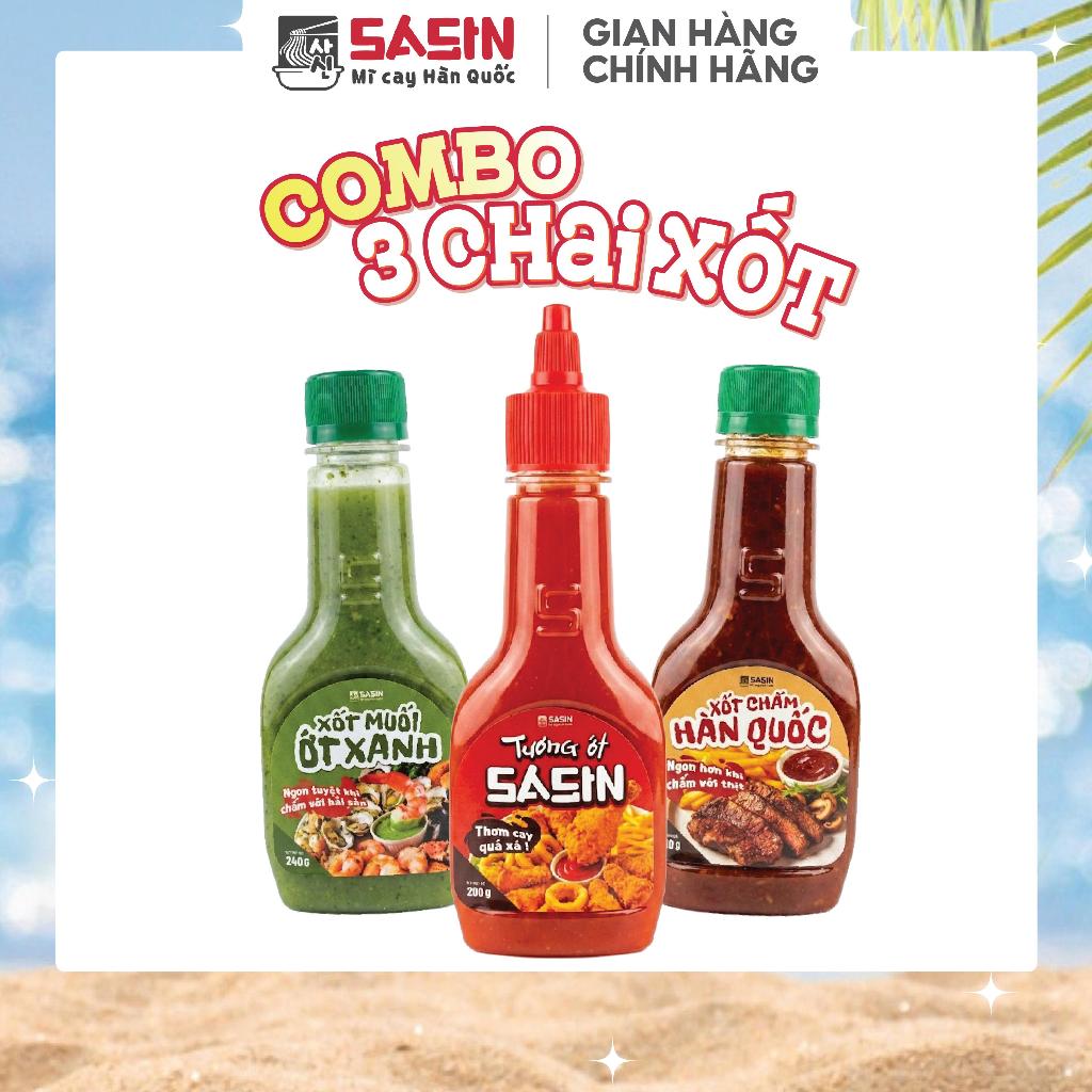 Xốt chấm Sasin 3 chai (1 Tương ớt Sasin 200g+ 1 Xốt Muối ớt xanh 240g+ 1 Xốt Chấm Hàn Quốc 210g)