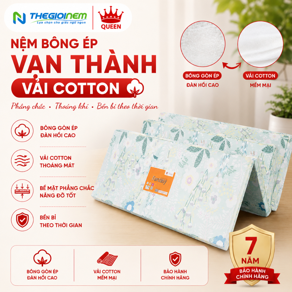 Nệm Bông Ép Vạn Thành - Vải Cotton (Màu Ngẫu Nhiên)