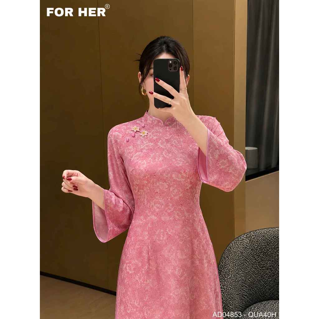 Áo dài Hồng Phúc nút hồng nhạt For Her - Đứng form, có giãn tốt - AD04853
