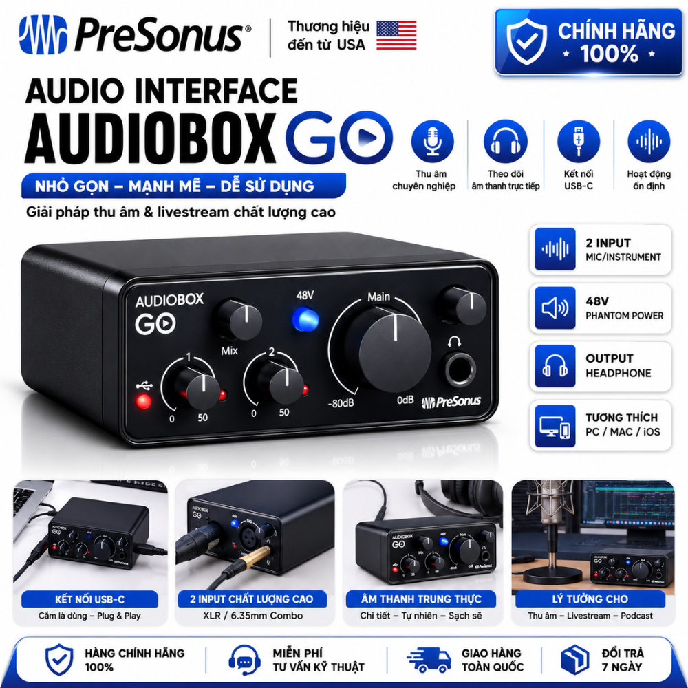 Sound Card Thu Âm PreSonus AudioBox GO Audio Interface USB Livestream Podcast Chính Hãng USA