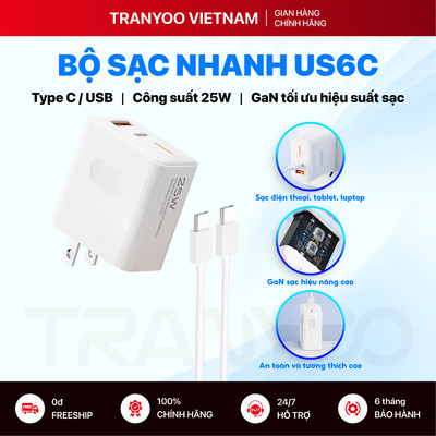 Bộ Sạc Nhanh TRANYOO US6C 2 Cổng Type C và Cổng L Hỗ Trợ Sạc Nhanh PD 25W Cao Cấp, An Toàn Ổn Định