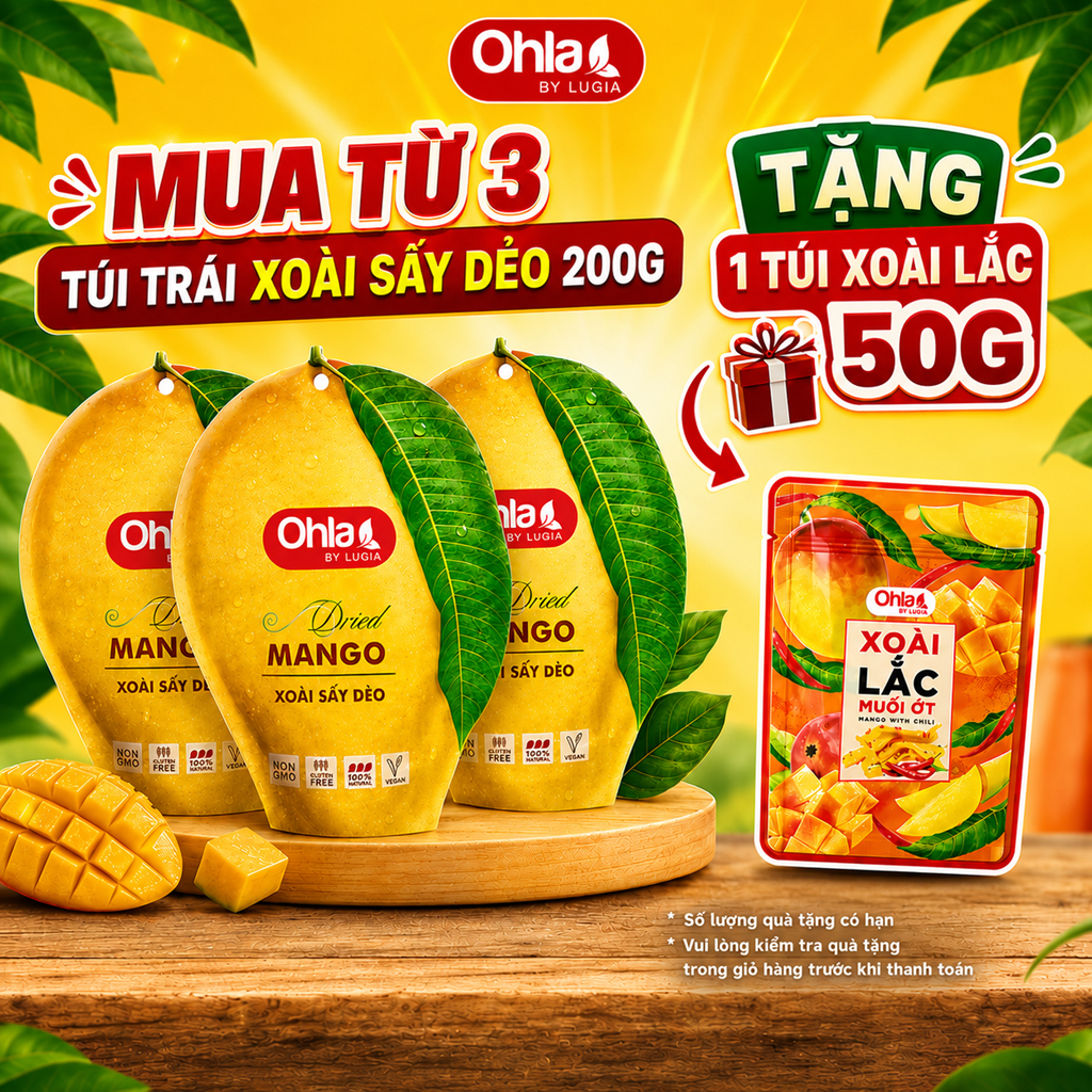 Xoài Sấy Dẻo Ohla 200g (Túi Trái Xoài) - Snack Ăn Vặt Từ Trái Cây Tự Nhiên, Món Ăn Dinh Dưỡng Lành Mạnh