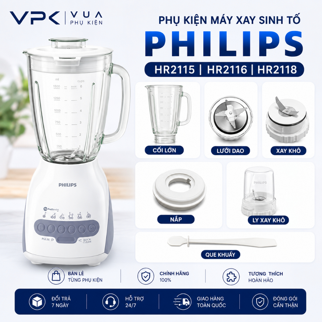 Phụ kiện Máy xay sinh tố Philips HR2115 HR2116 HR2118 HR2068 cối ly xay, lưỡi sao, ron, que