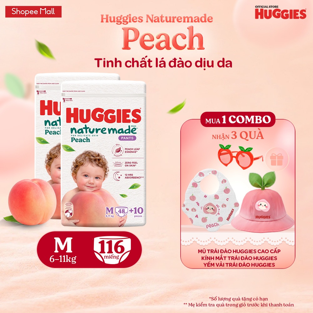[KOL LIVE] Combo 2 Tã quần Huggies Naturemade Peach M48+10/ L44/ XL38/ XXL26